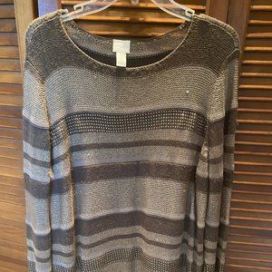 CHICO'S BROWN AND KHAKI STRIPED SWEATER WITH METAL BEADED ACCENTS
